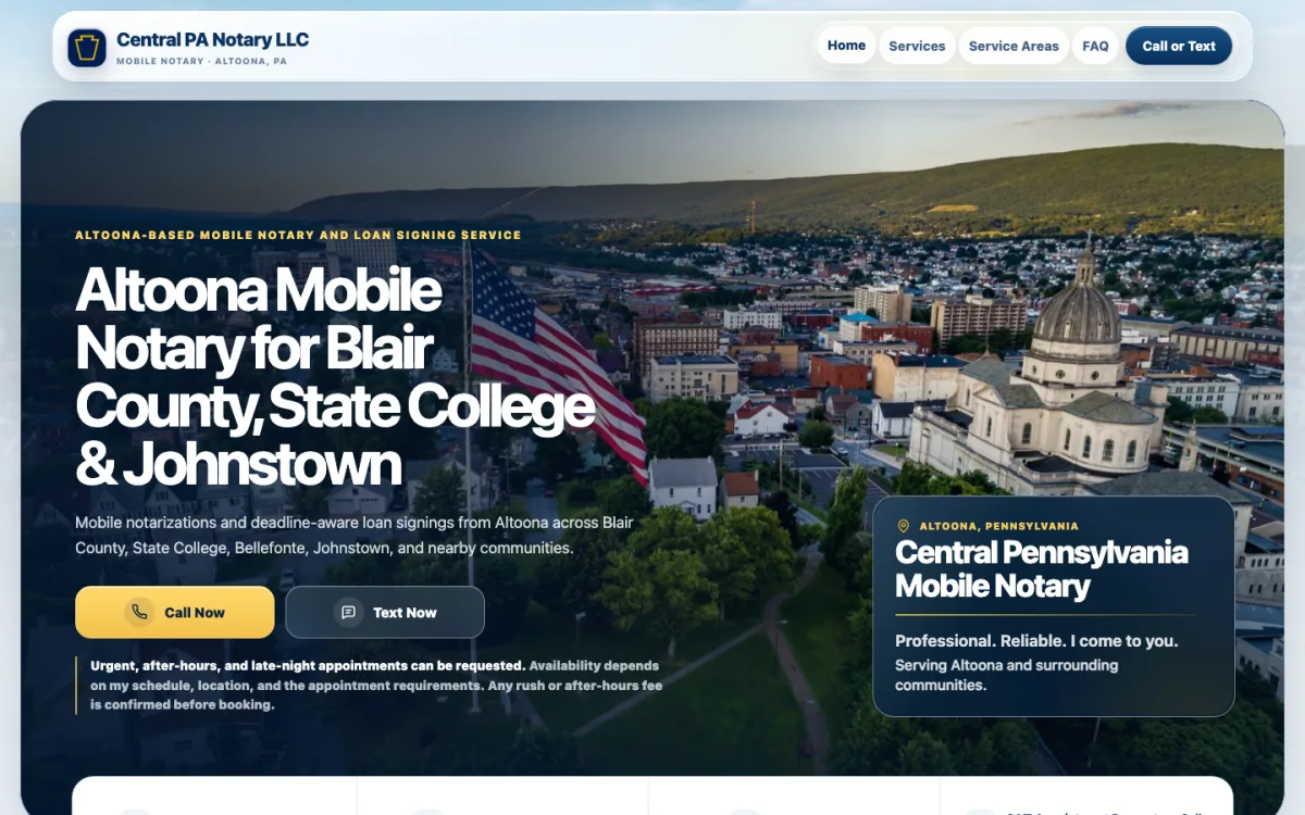 Central PA Notary LLC website homepage shown on desktop